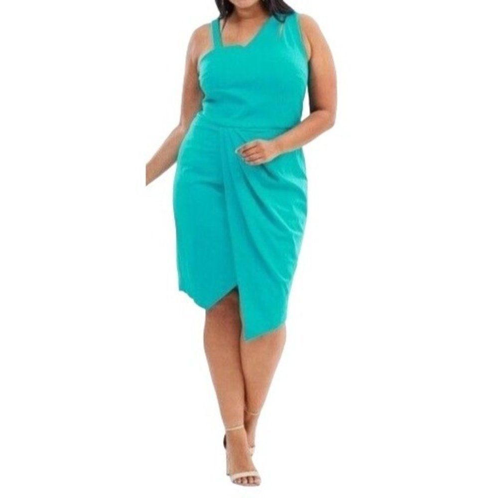 Rebel Wilson Sz 1X Asymmetrical Spliced Strap Dress Wrap Skirt Pleated Jade NEW